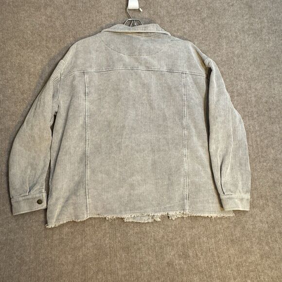 KATYdid XL Neutral Corduroy Distressed Woman’s Shacket Button Up Grey Raw Hem - Picture 2 of 8